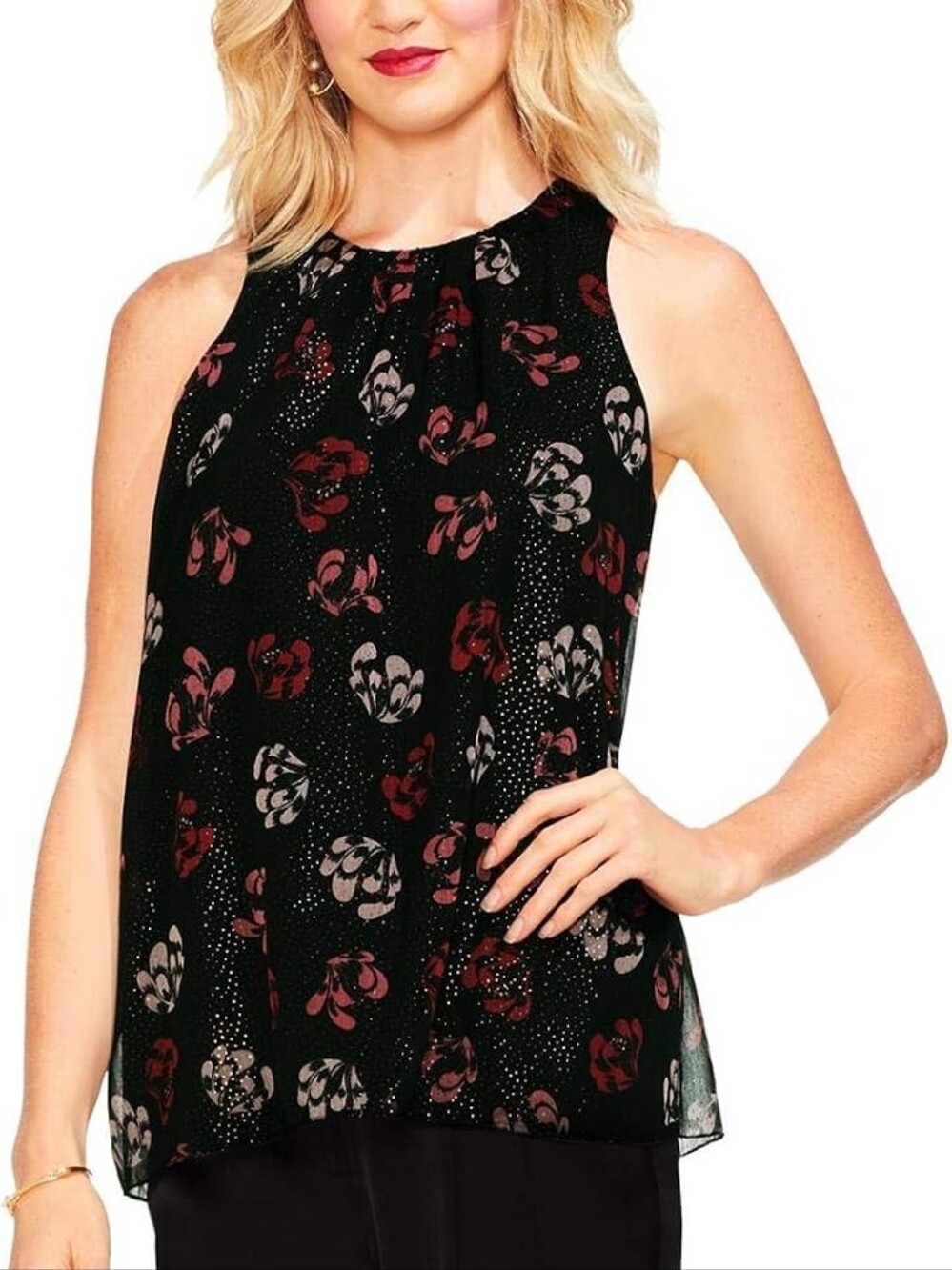 VINCE CAMUTO Regal Stamp Black Floral Metallic Chiffon Halter Tank | SZ XXS